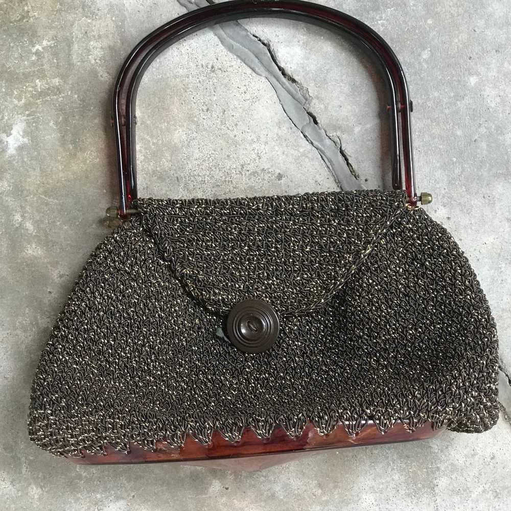 1940's Brown Knit Purse with Acrylic Detail - image 1