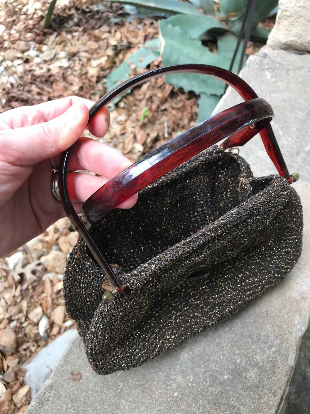 1940's Brown Knit Purse with Acrylic Detail - image 3