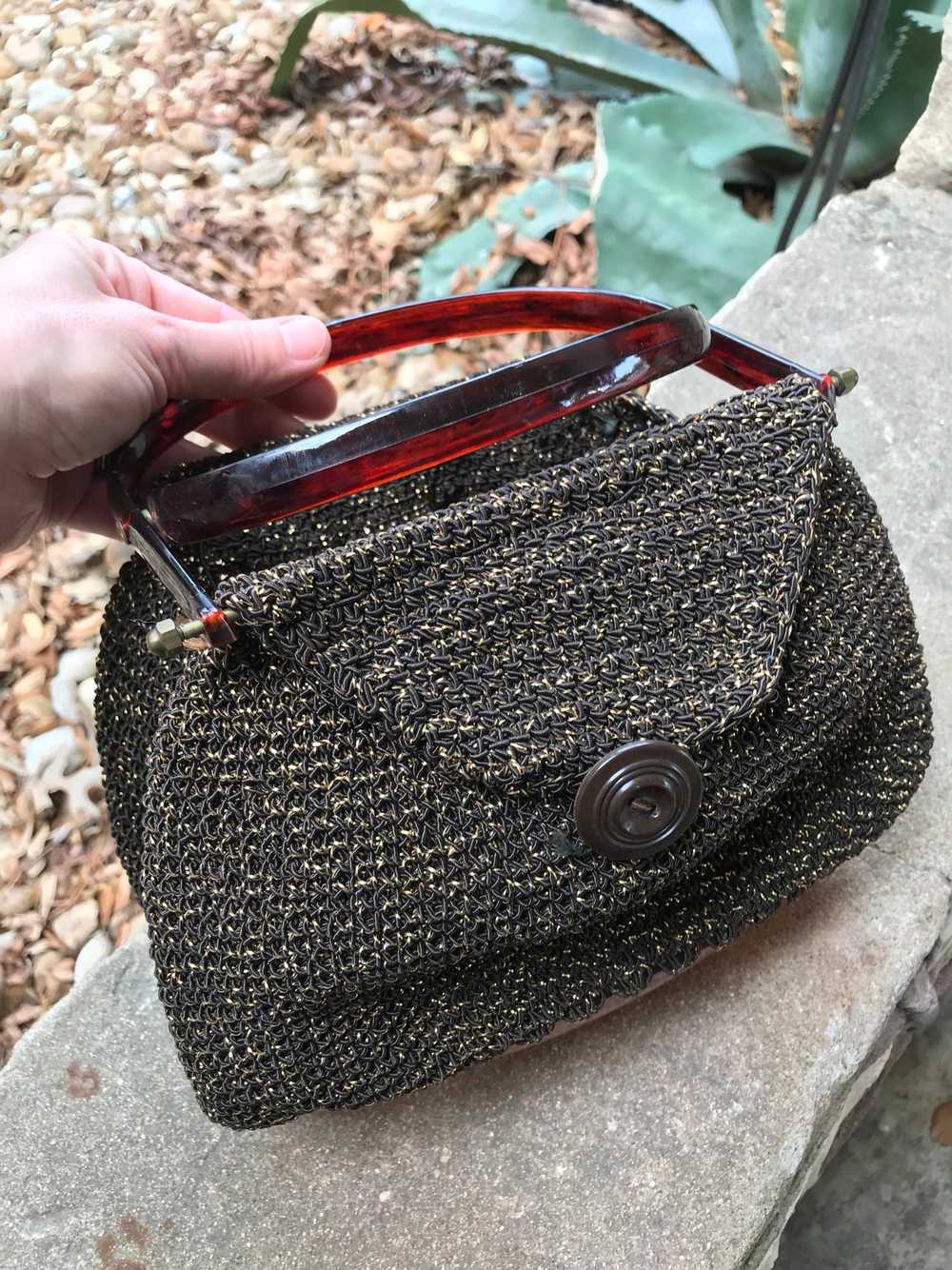 1940's Brown Knit Purse with Acrylic Detail - image 8