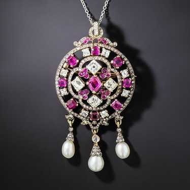 Victorian Ruby, Diamond And Natural Pearl Lavaliè… - image 1