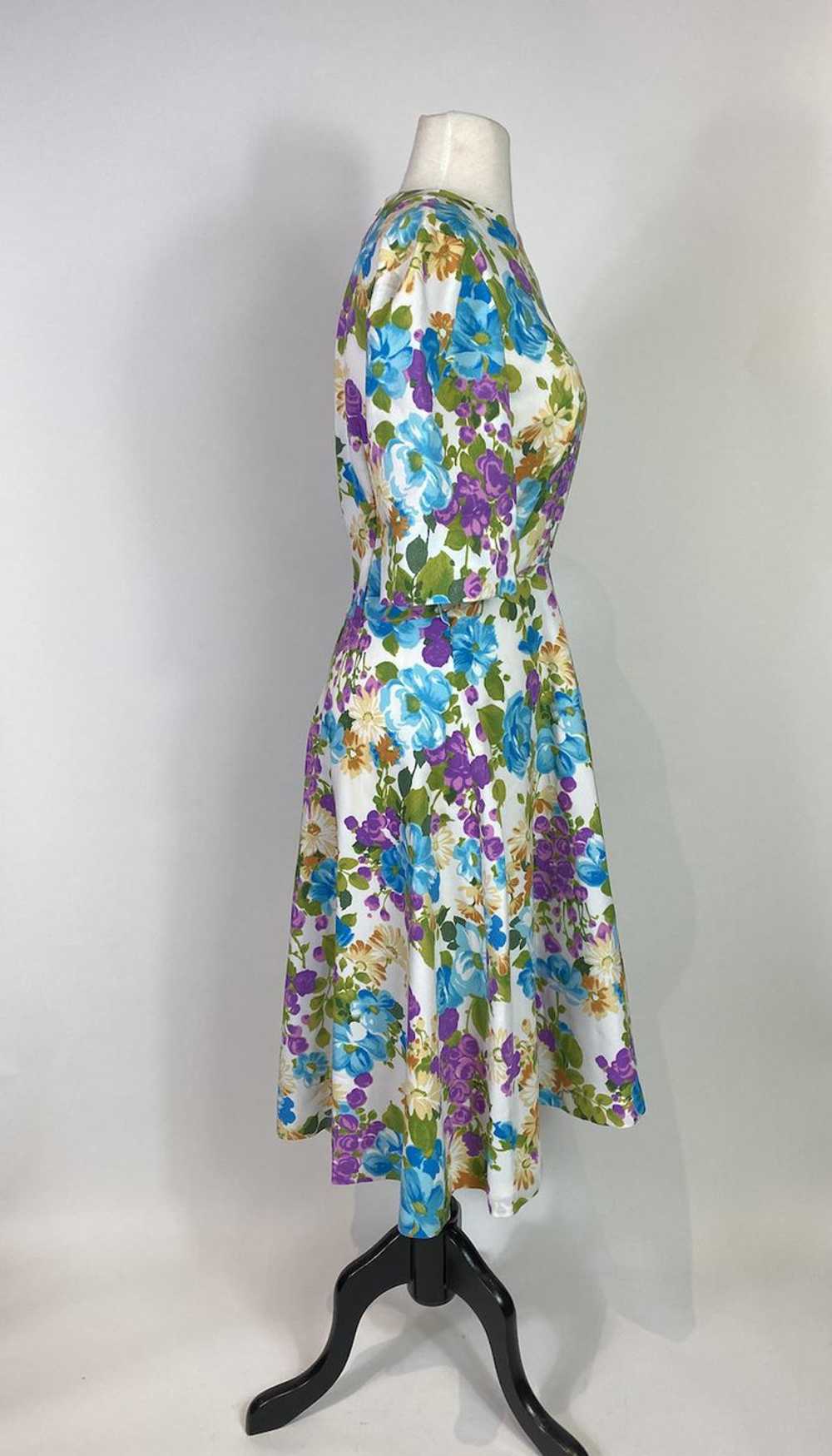 1960s Blue Purple Floral Print Swing Dress - Gem