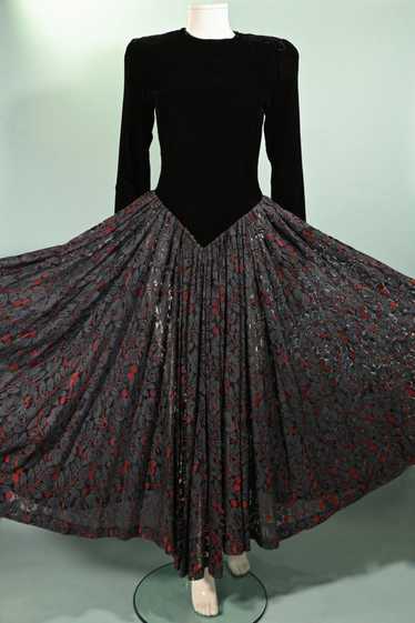 VTG 80s Norma Kamali Black Velvet/Lace Maxi Dress,