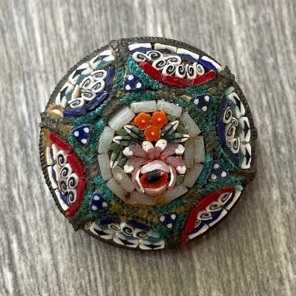 Round Italian Micro Mosaic Floral Brooch - image 1