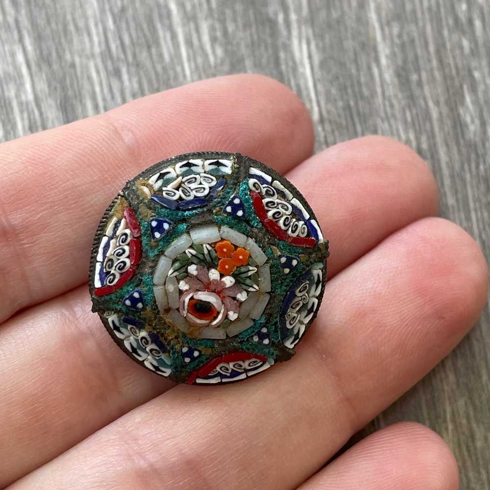 Round Italian Micro Mosaic Floral Brooch - image 2