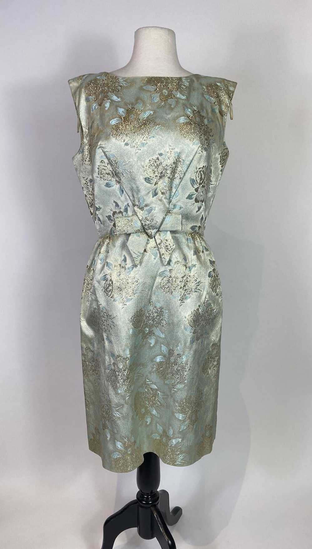 1960s Miss Brooks Blue and Gold Brocade Dress - image 1