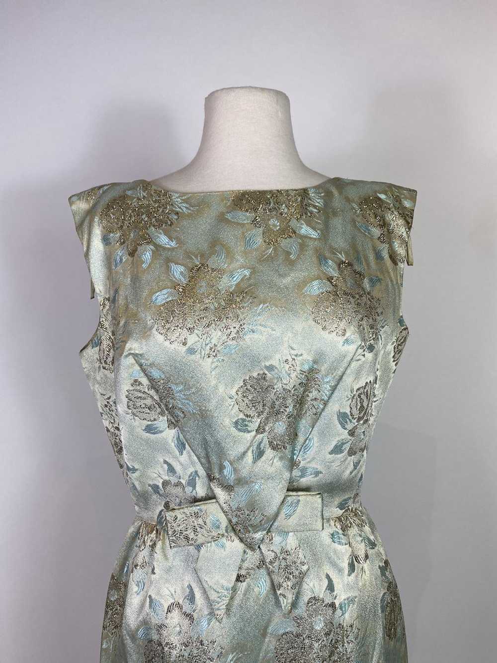 1960s Miss Brooks Blue and Gold Brocade Dress - image 2
