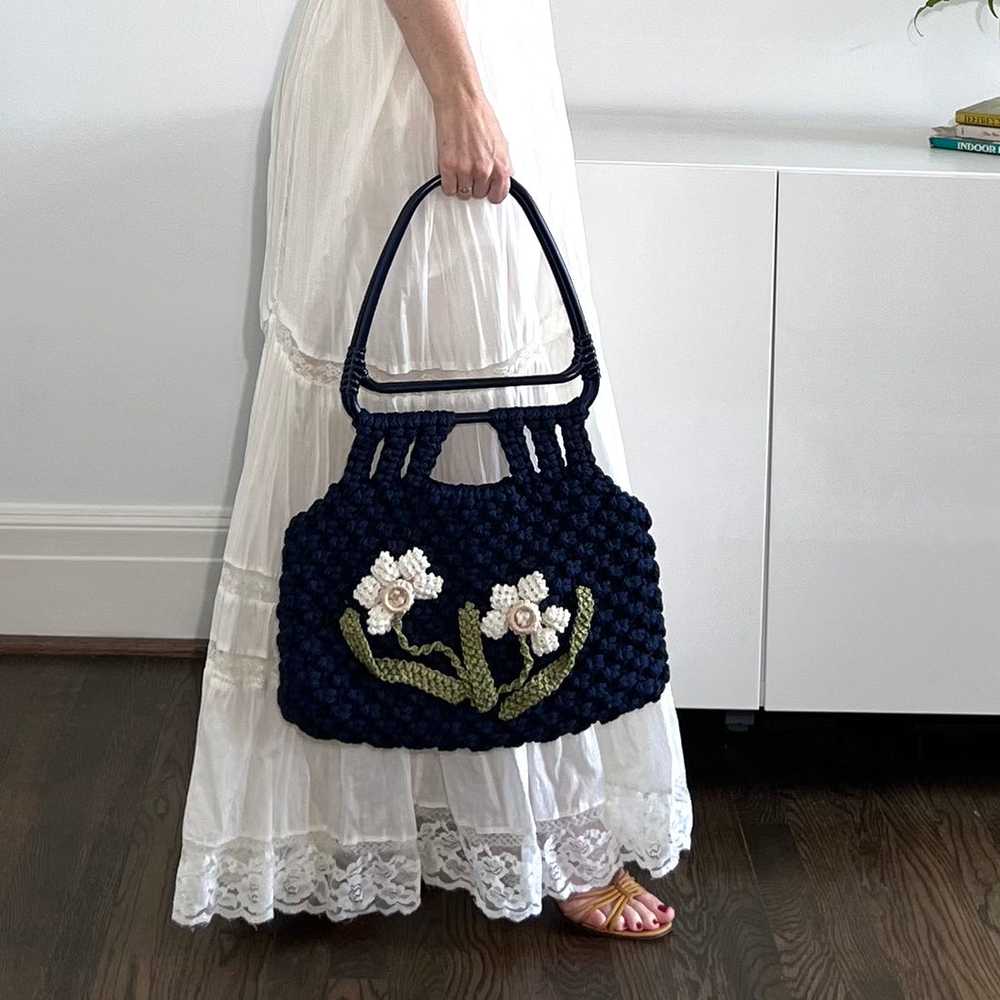 Vintage Navy Flower Macrame Tote - image 1