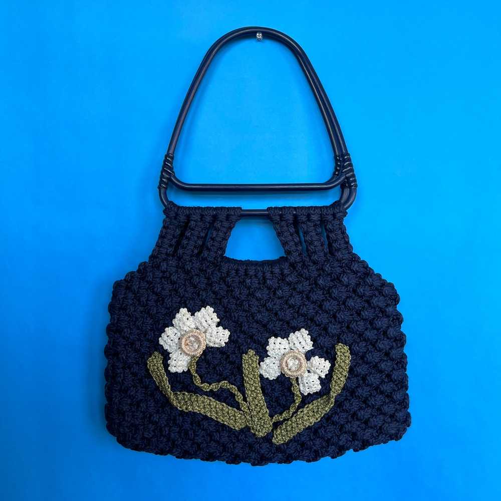 Vintage Navy Flower Macrame Tote - image 2