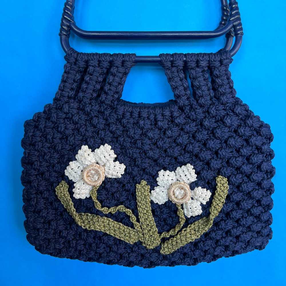 Vintage Navy Flower Macrame Tote - image 3