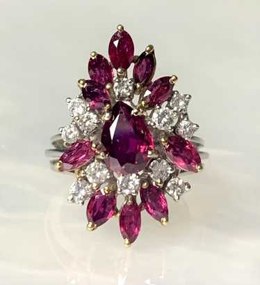 Vintage Pear Ruby & Diamond Cluster Ring, 14k Whi… - image 1