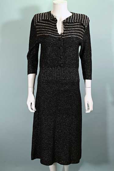 40s Black/Gold Knit Sweater Dress,50s Black Boucle