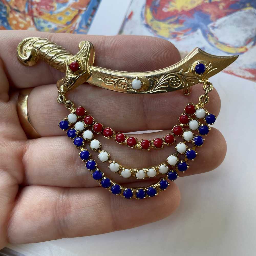 1970s Red, White, and Blue Sword Brooch - image 2