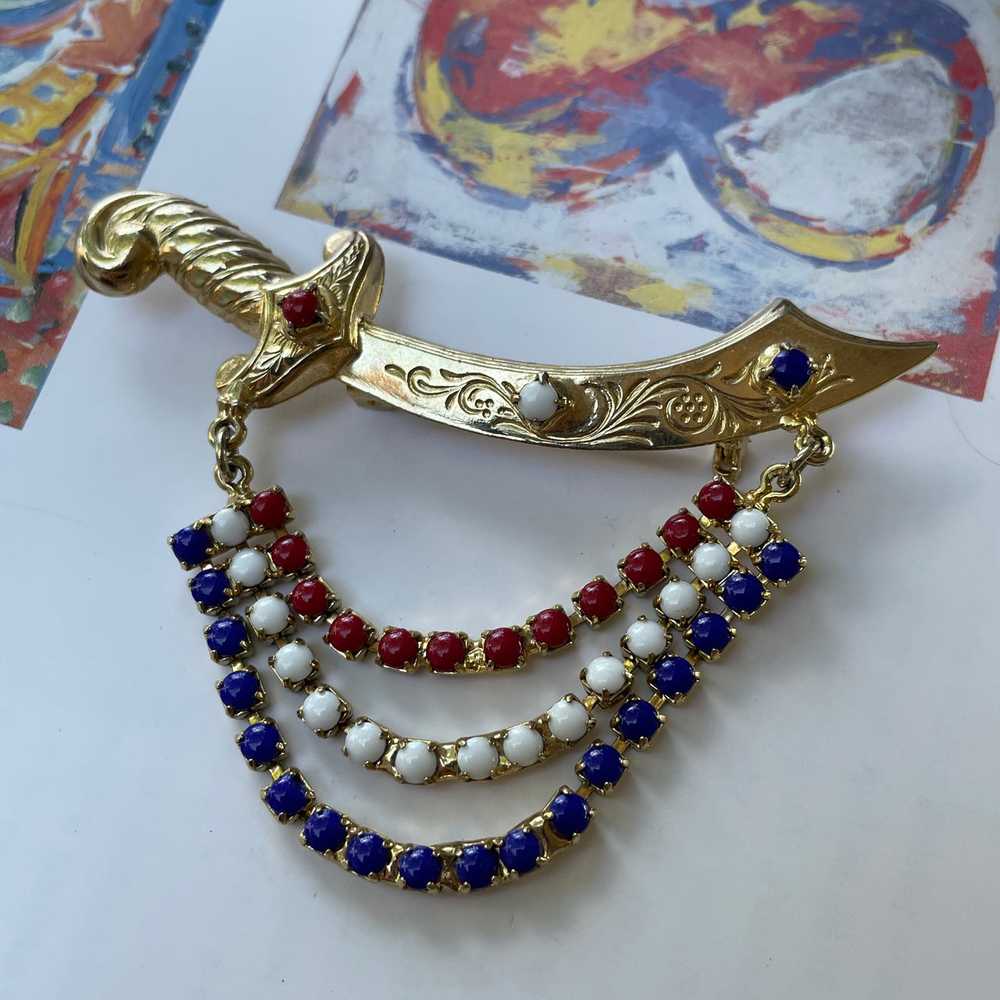 1970s Red, White, and Blue Sword Brooch - image 4