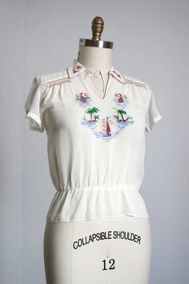 vintage 1940s embroidered sailboat blouse {M} - image 1