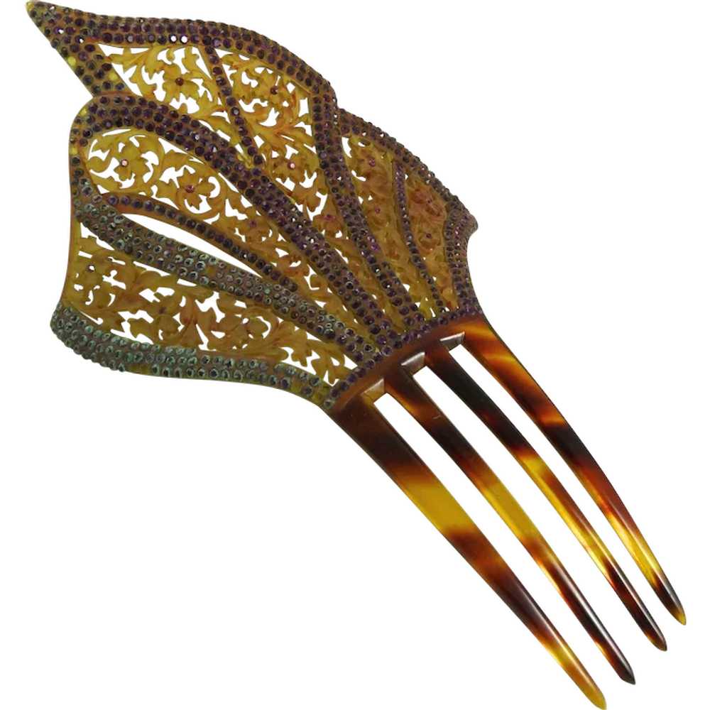 Vintage Art Deco Celluloid Rhinestone Hair Comb - image 1
