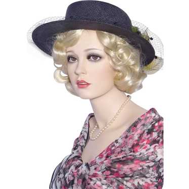 Vintage 1950s Black Straw Boater Style Hat Origin… - image 1
