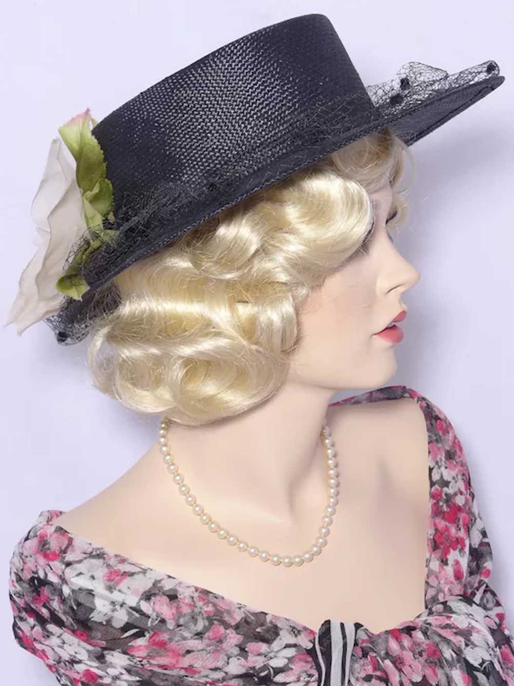 Vintage 1950s Black Straw Boater Style Hat Origin… - image 2