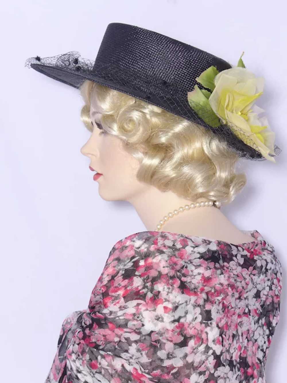 Vintage 1950s Black Straw Boater Style Hat Origin… - image 4