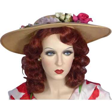 Vintage 1950s Mia Pyrreck Straw Floral Picture Hat - image 1