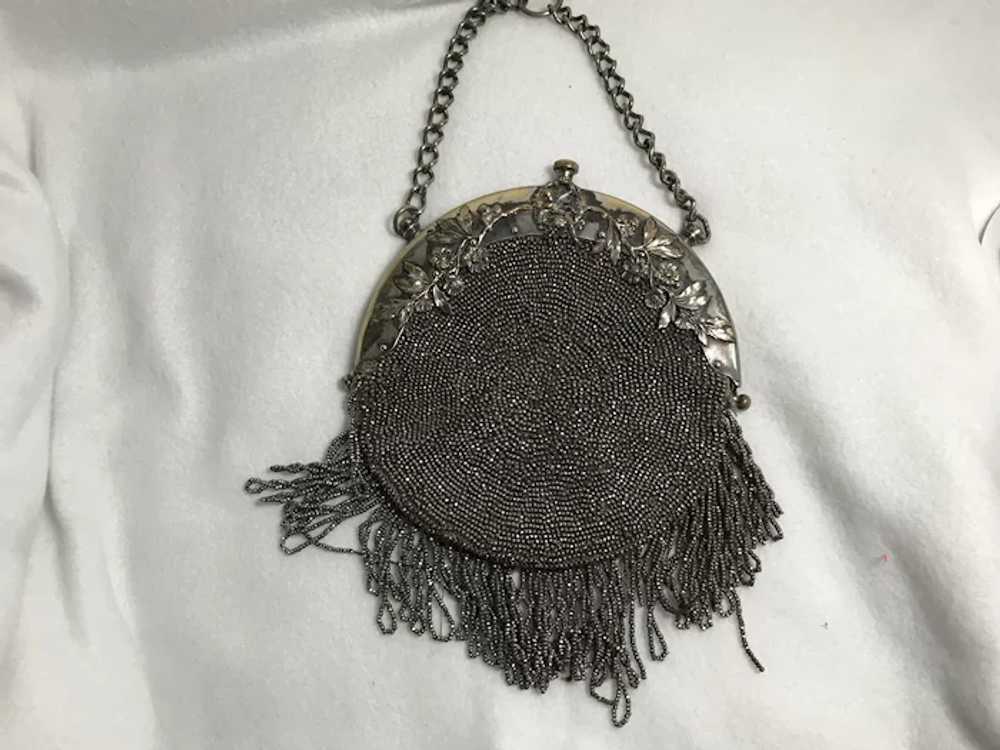 Circular Metal Beaded Purse with Floral Frame - image 4