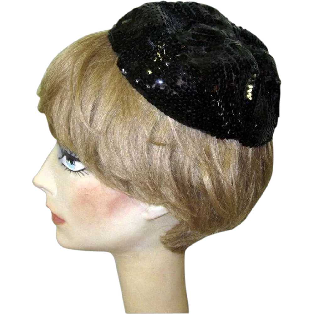 Sequined Skull Cap, Vintage 20's / 30's Black Hat - image 1