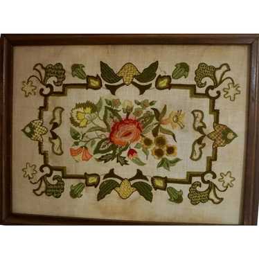 Vintage crewel Embroidery Flowers original hand ma