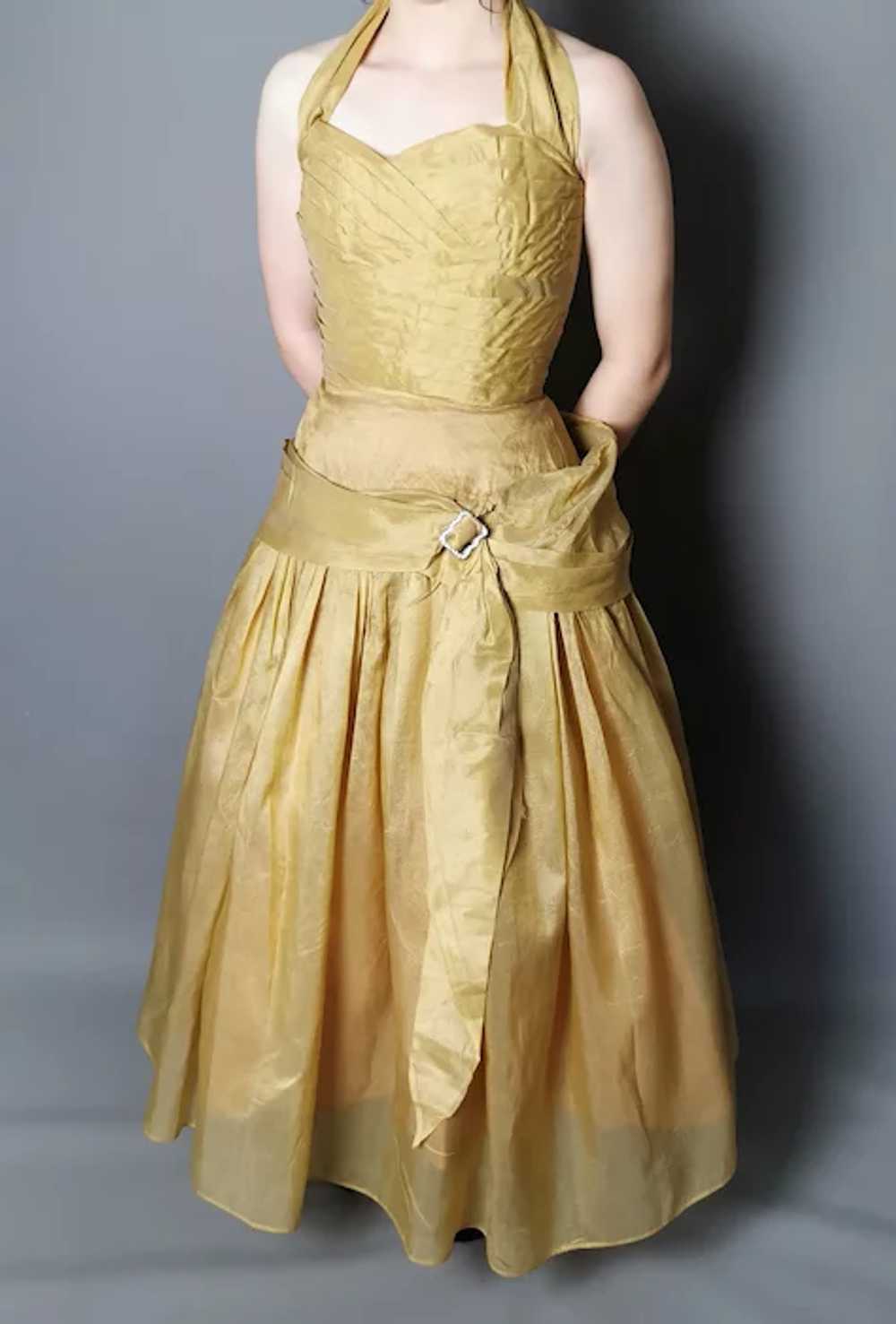 Vintage 50s gold halterneck dress, party frock, p… - image 10