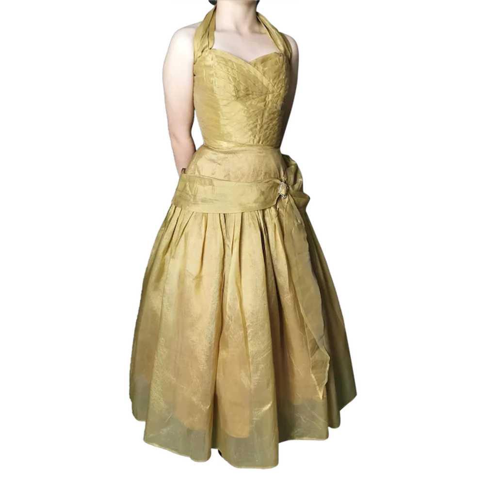 Vintage 50s gold halterneck dress, party frock, p… - image 1