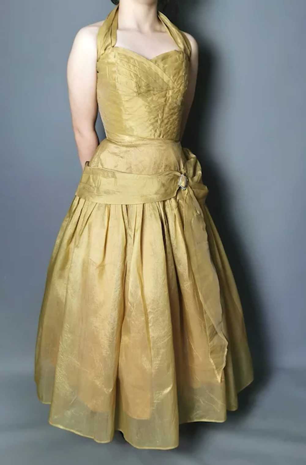 Vintage 50s gold halterneck dress, party frock, p… - image 2