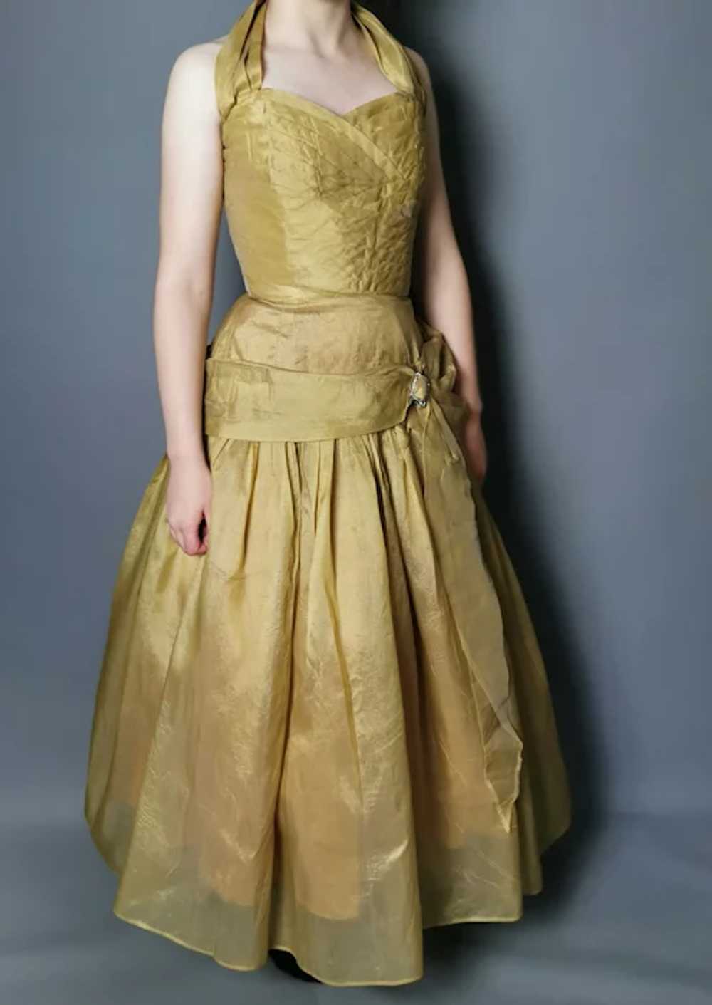 Vintage 50s gold halterneck dress, party frock, p… - image 3