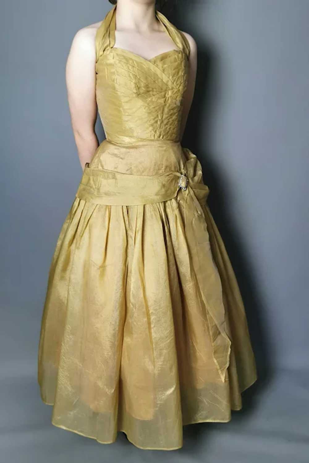 Vintage 50s gold halterneck dress, party frock, p… - image 4