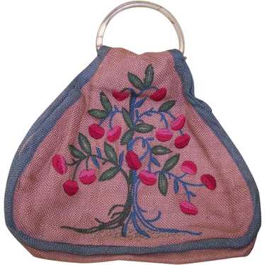 Vintage Embroidered Burlap Flower Child Purse - image 1