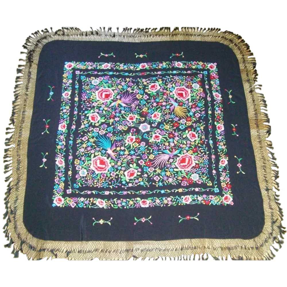 Chinese Silk Piano Shawl Scarf Birds Flowers Embr… - image 1