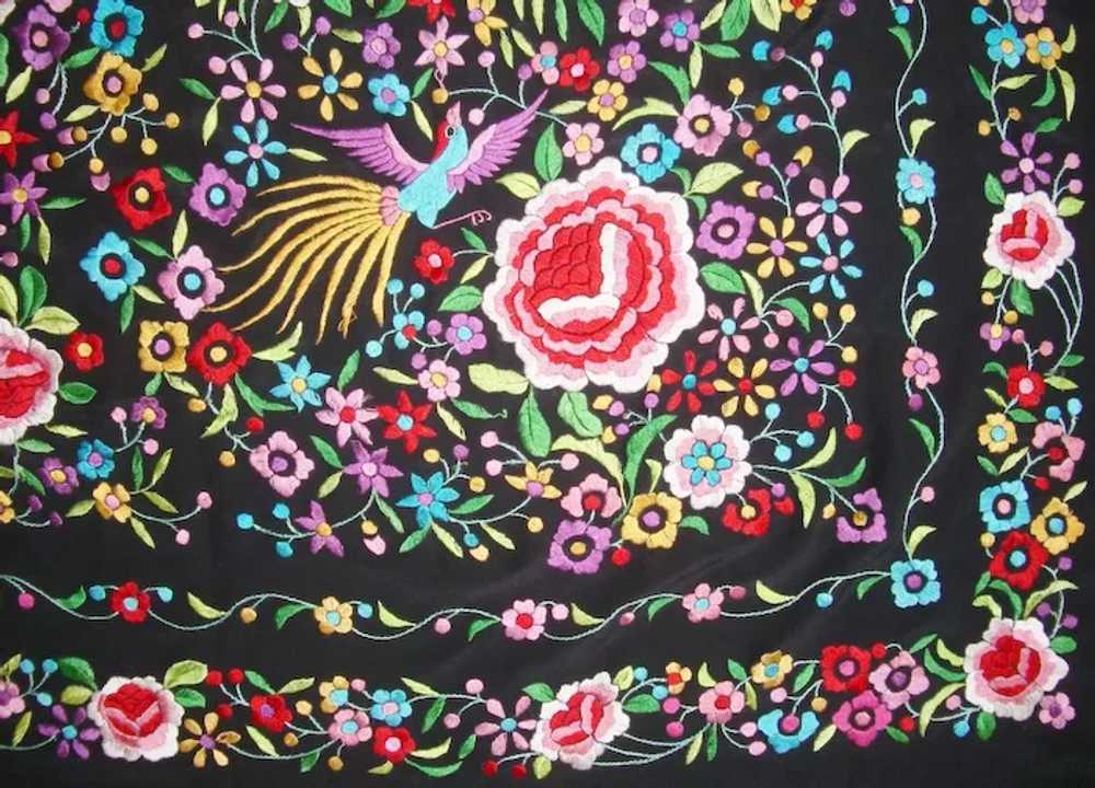 Chinese Silk Piano Shawl Scarf Birds Flowers Embr… - image 2