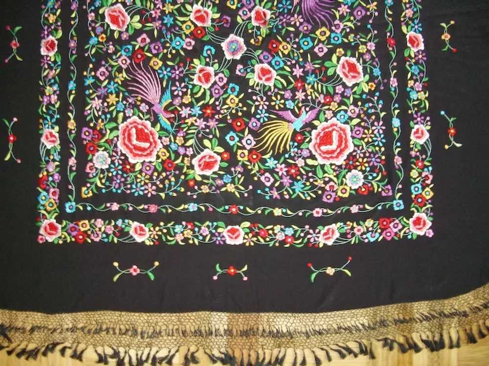 Chinese Silk Piano Shawl Scarf Birds Flowers Embr… - image 3