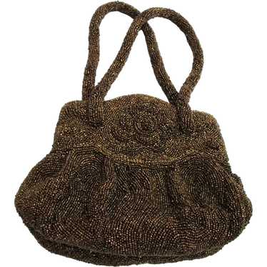Vintage Sparkly Brown Seed Beaded Purse Bag by K&… - image 1