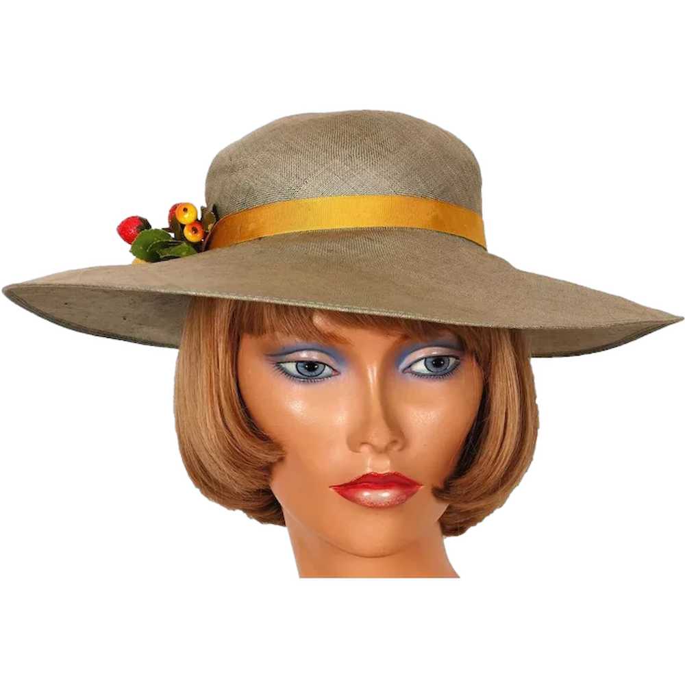 1980s Green Straw Hat Wide Brim Peter Bettley - image 1