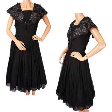 1960s Black Chiffon & Lace Dress - S - image 1