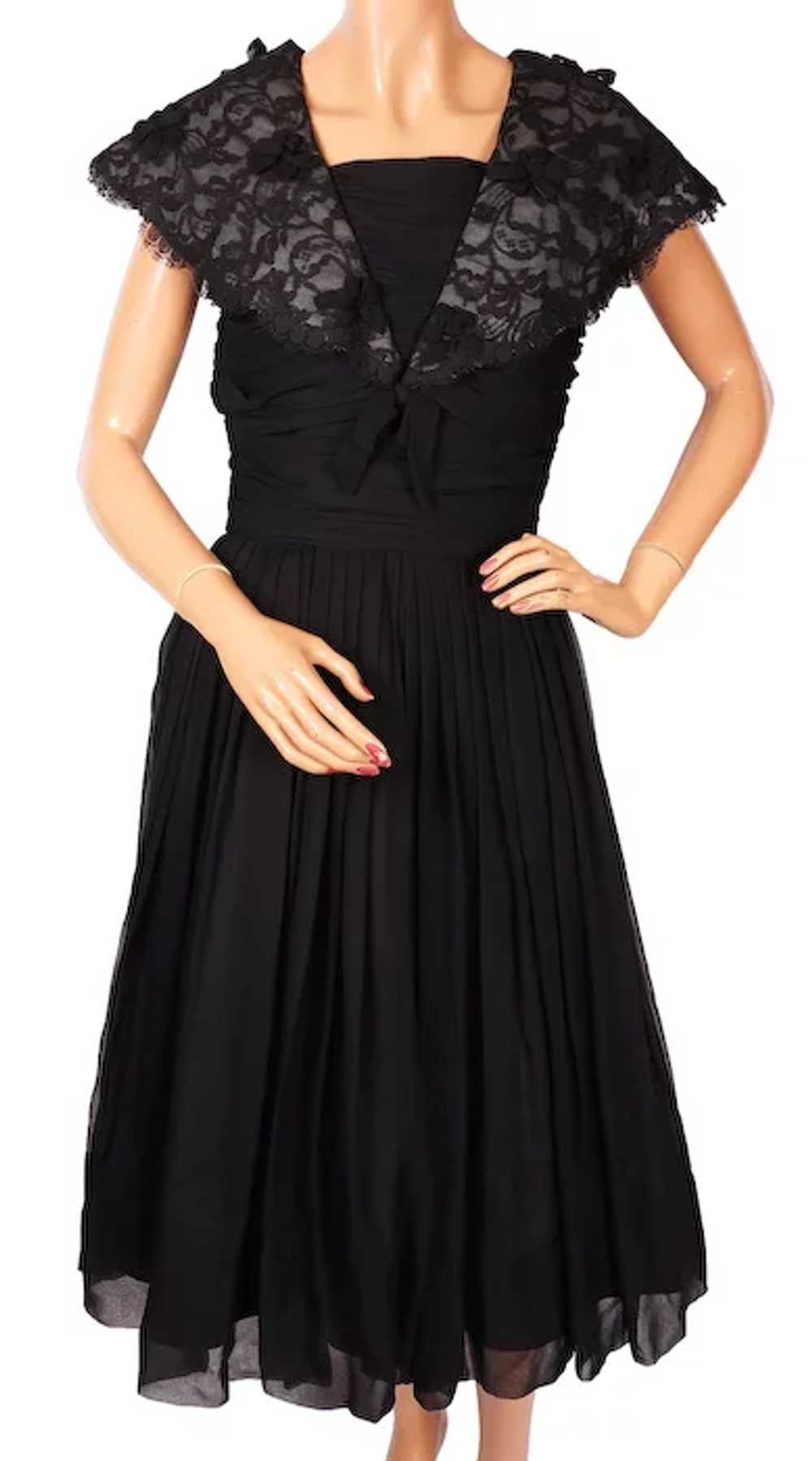 1960s Black Chiffon & Lace Dress - S - image 8
