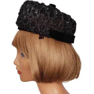 Vintage 1960s Pillbox Hat Black Straw Lattice Wor… - image 1