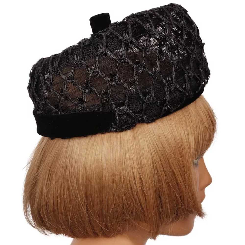 Vintage 1960s Pillbox Hat Black Straw Lattice Wor… - image 2