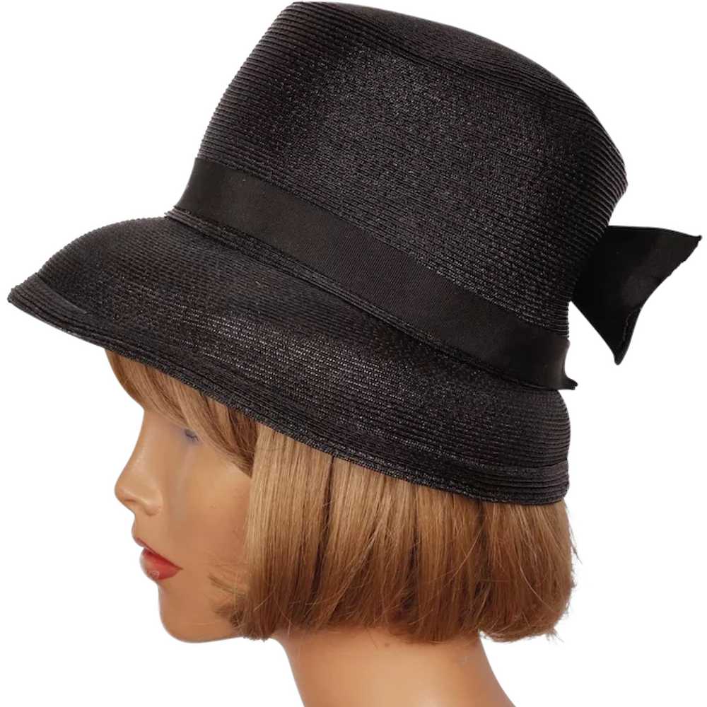 Vintage 1950s Black Straw Bucket Hat High Crown L… - image 1