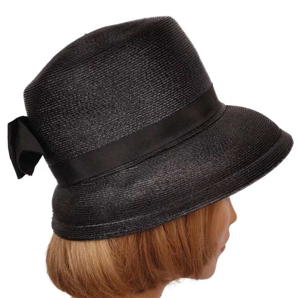 Vintage 1950s Black Straw Bucket Hat High Crown L… - image 2