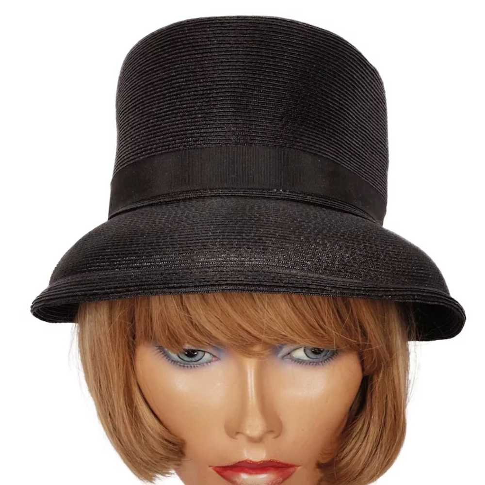 Vintage 1950s Black Straw Bucket Hat High Crown L… - image 3
