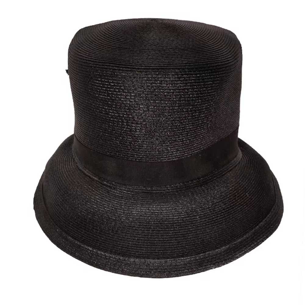 Vintage 1950s Black Straw Bucket Hat High Crown L… - image 4