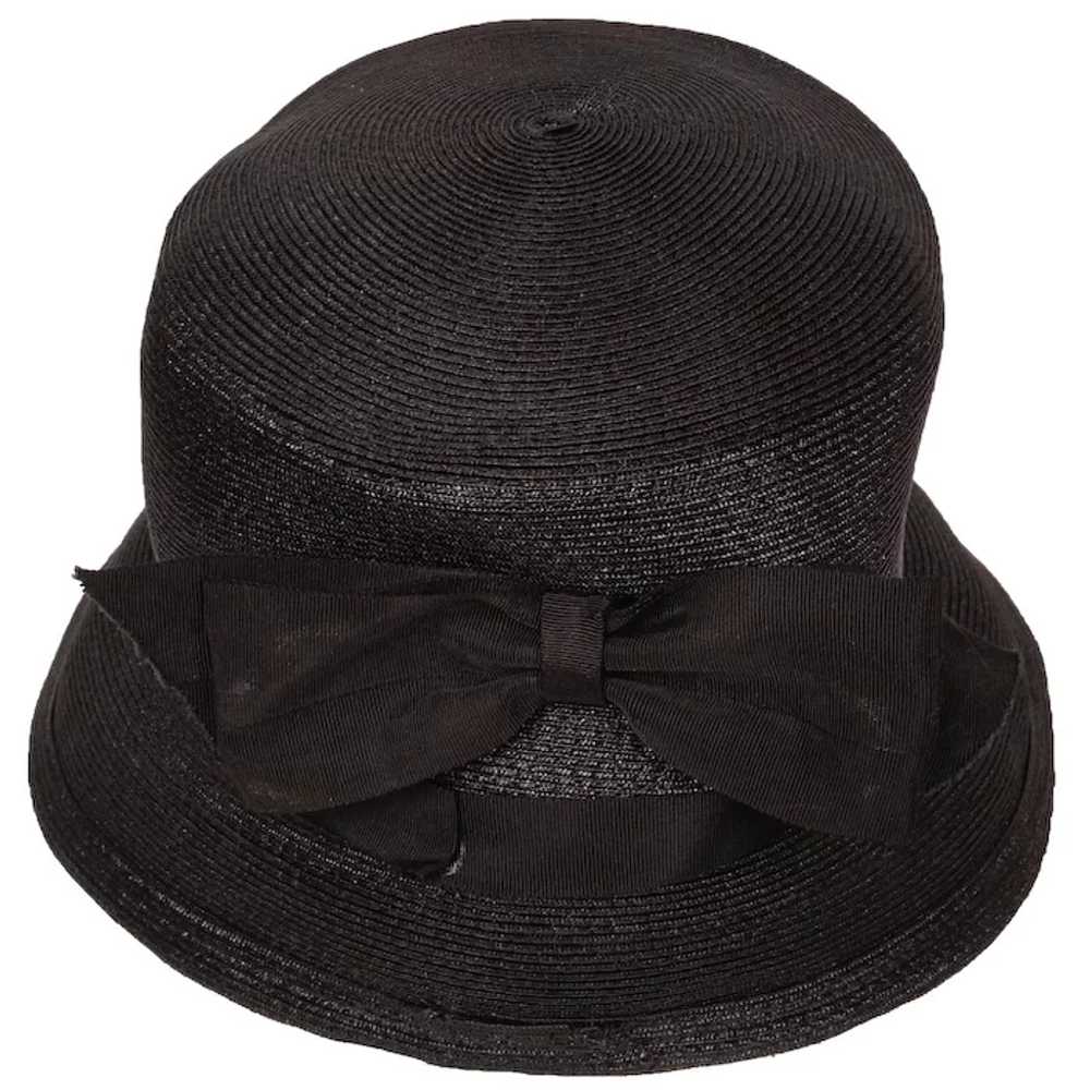 Vintage 1950s Black Straw Bucket Hat High Crown L… - image 5