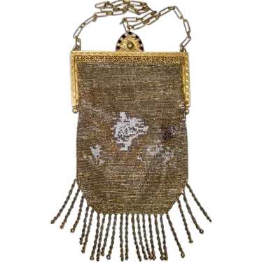 Antique Gold Glass Beaded Victorian Purse with Fr… - image 1