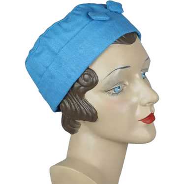 Vtg Blue Linen Cap, Handmade with Matching Hatpin,