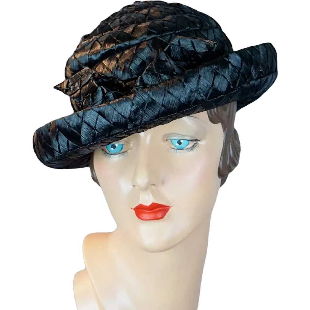 60s Black Wide Weave Raffia Straw Breton Hat by D… - image 1
