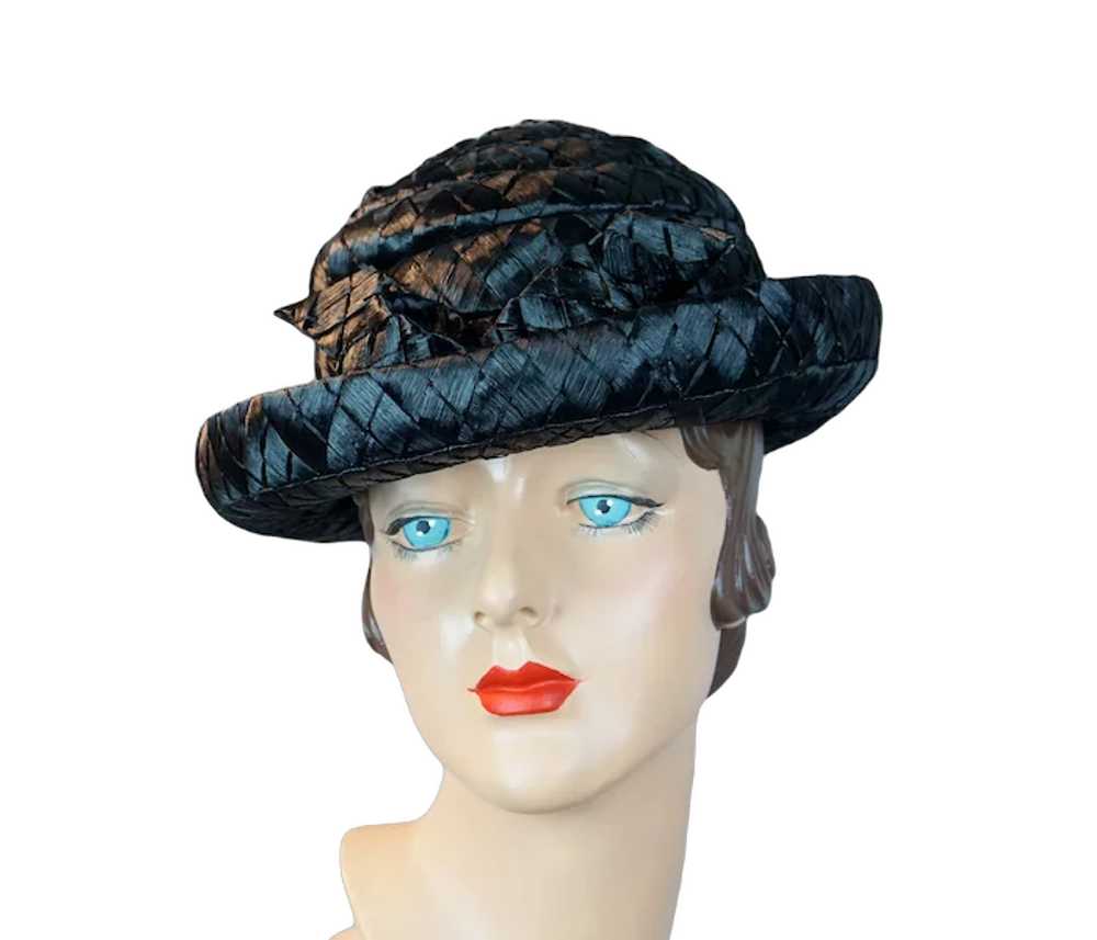 60s Black Wide Weave Raffia Straw Breton Hat by D… - image 2